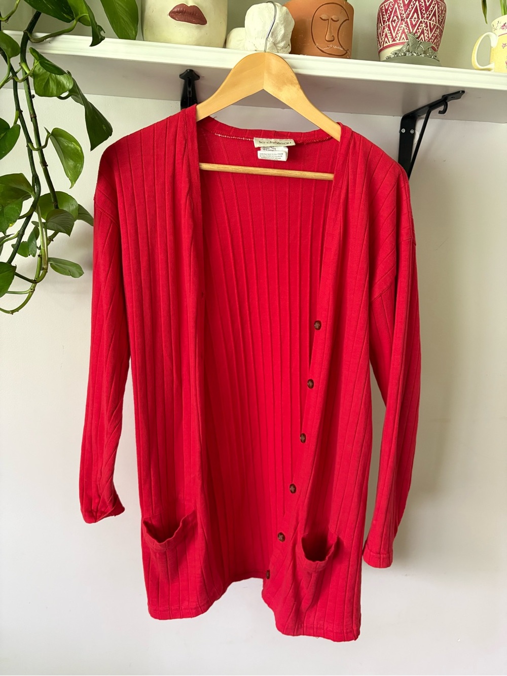 Le Chateau Classic Ribbed Open-Front Cardigan Sweater - Red
